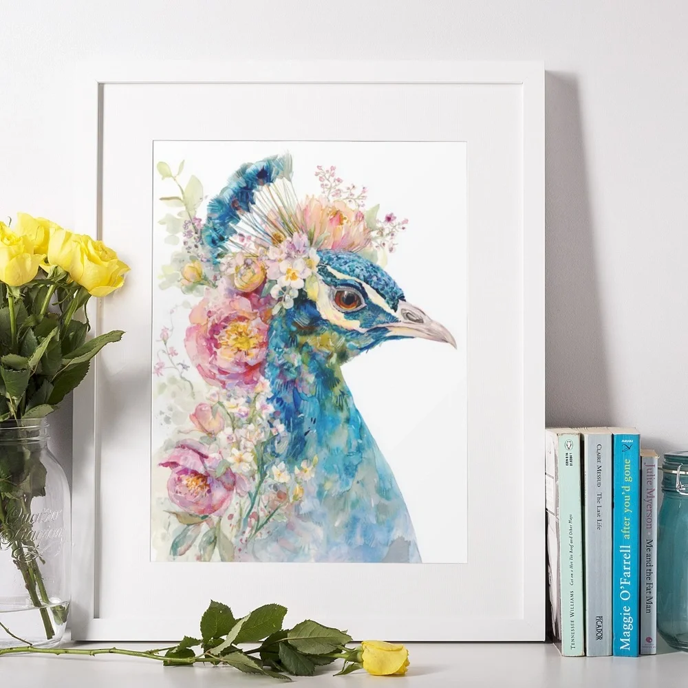 Watercolor Floral Peacock Wall Art Illustration Print Poster Card Unframed - Picture 6 of 9